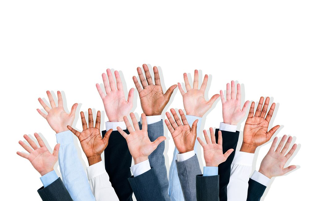 Group of business human arms raised.
