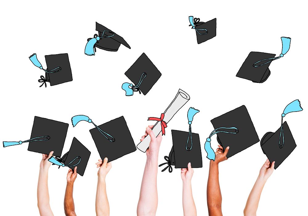Group of Graduating Student's Hands Holding and Throwing Mortar Board