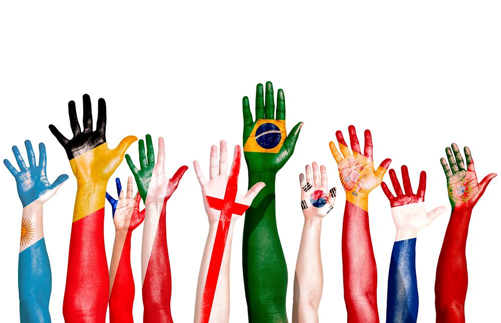 Multi-National Flags Drawn on Raised Hands