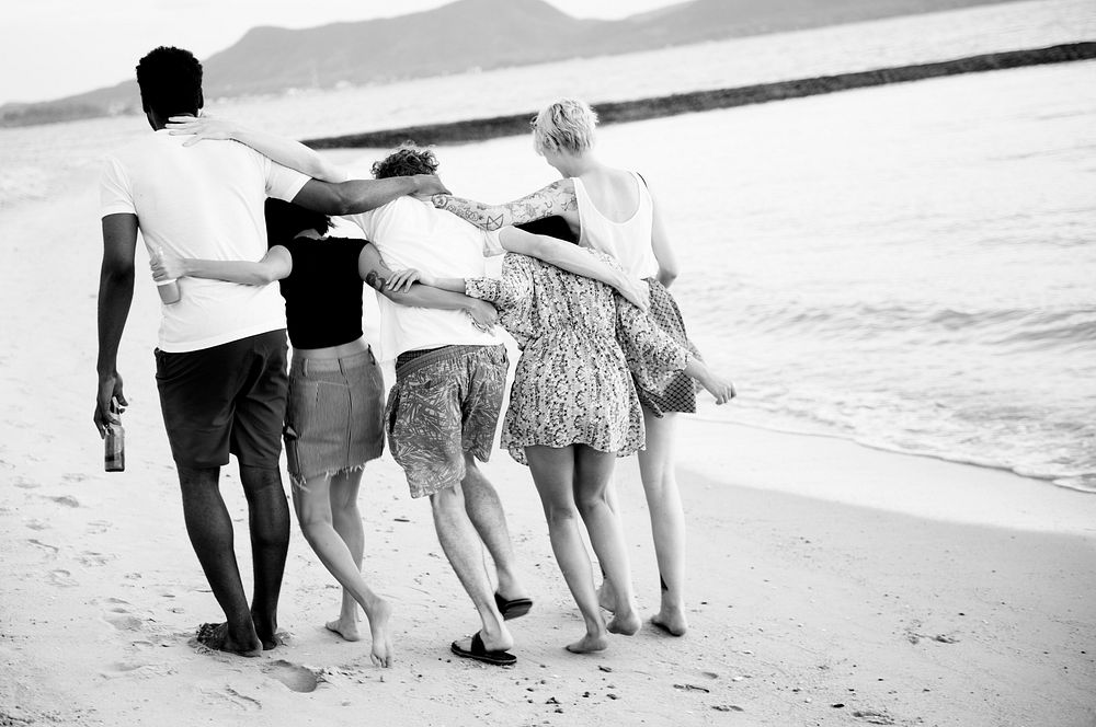 Rear view of diverse friends at the beach together