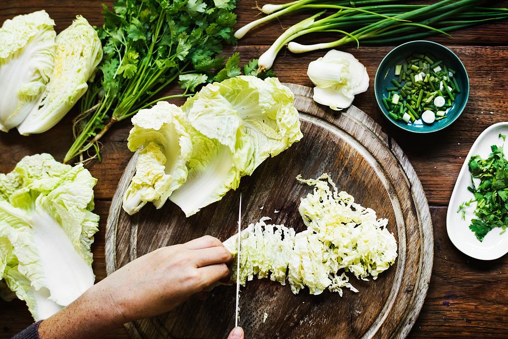 Cutting fresh chinese cabbage vegetable