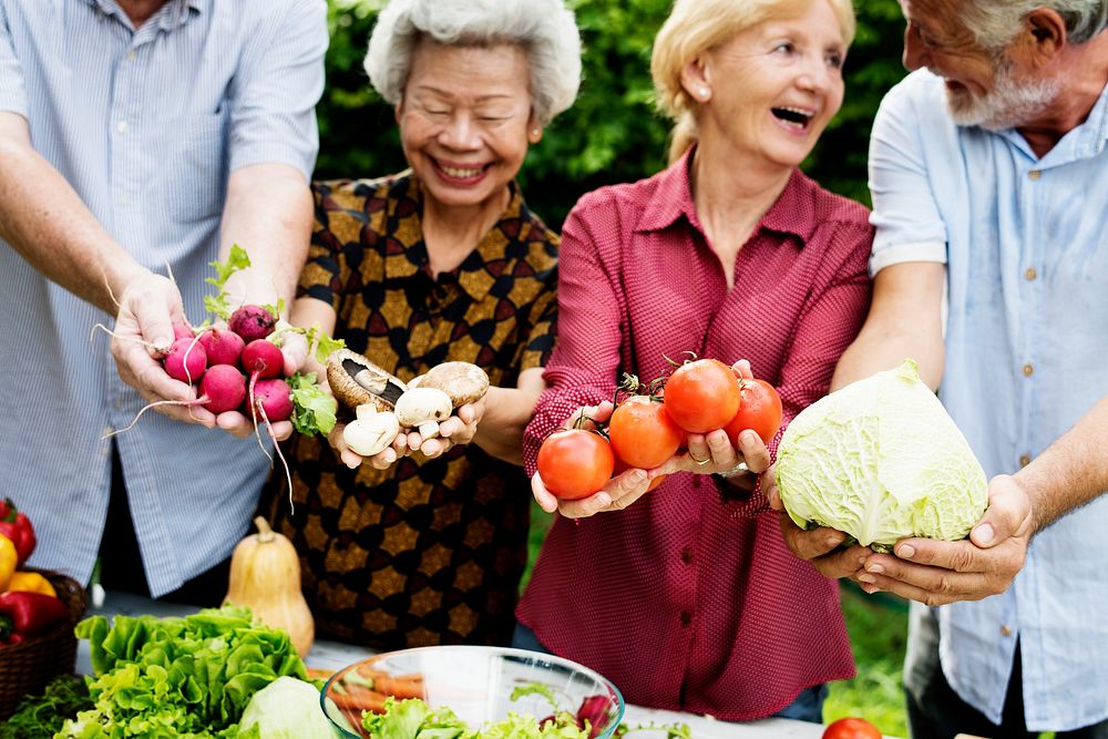 Closeup of senior people hands holding fresh organic vegeable
