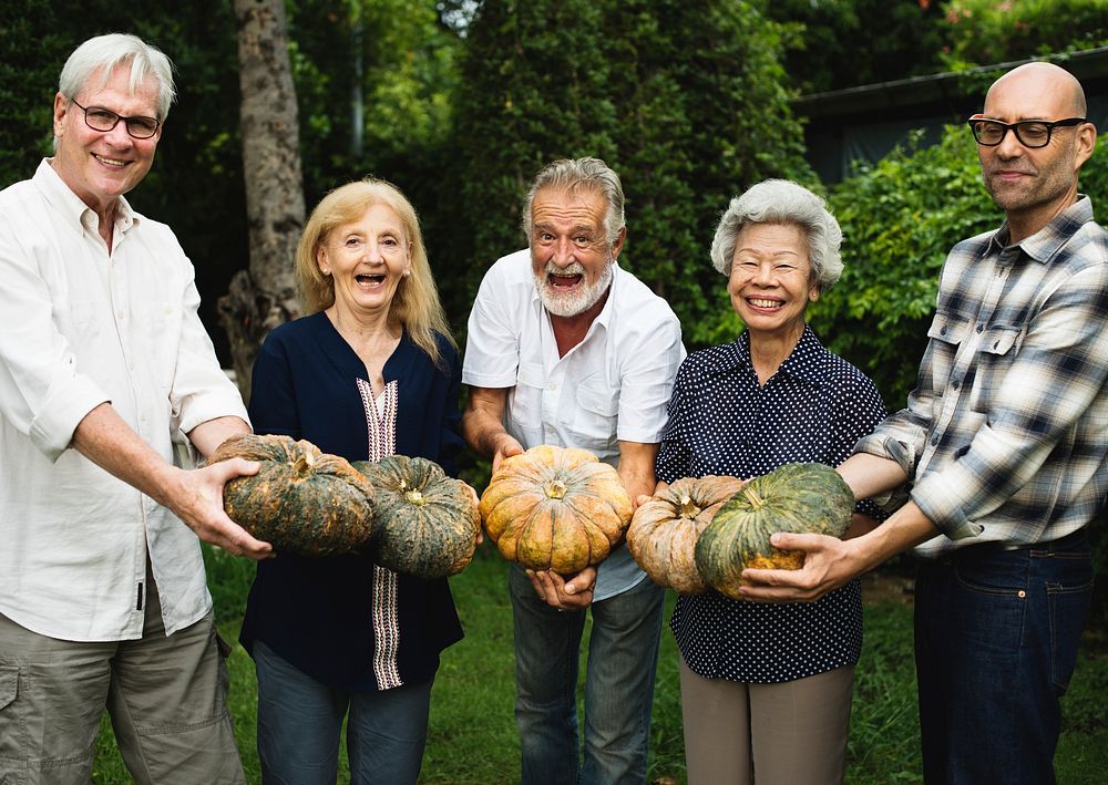Diverse people holding a fresh pumpkin