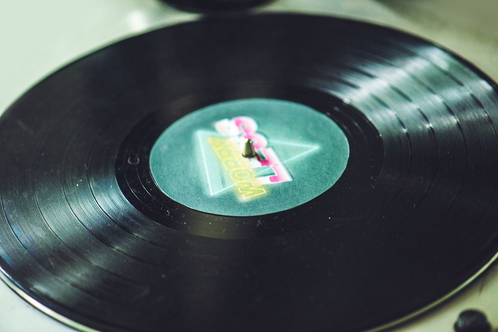 Closeup of vinyl disc turntable player