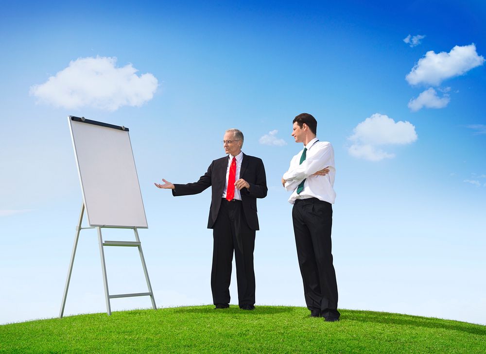 Business Man Pointing Empty Whiteboard Outdoors