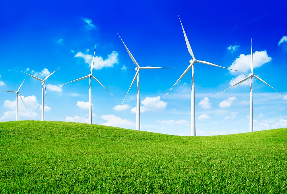 Group of  Wind Turbines on the green hill