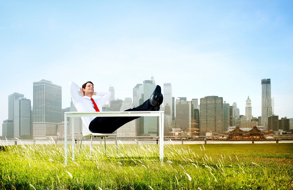 Business Man Sitting Back Relaxing Outdoors Concept