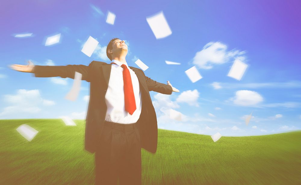 Businessman Happiness Cheerful Flying Paper Relaxation Concept