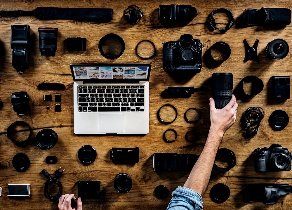 Photographer's kit laid out on the table