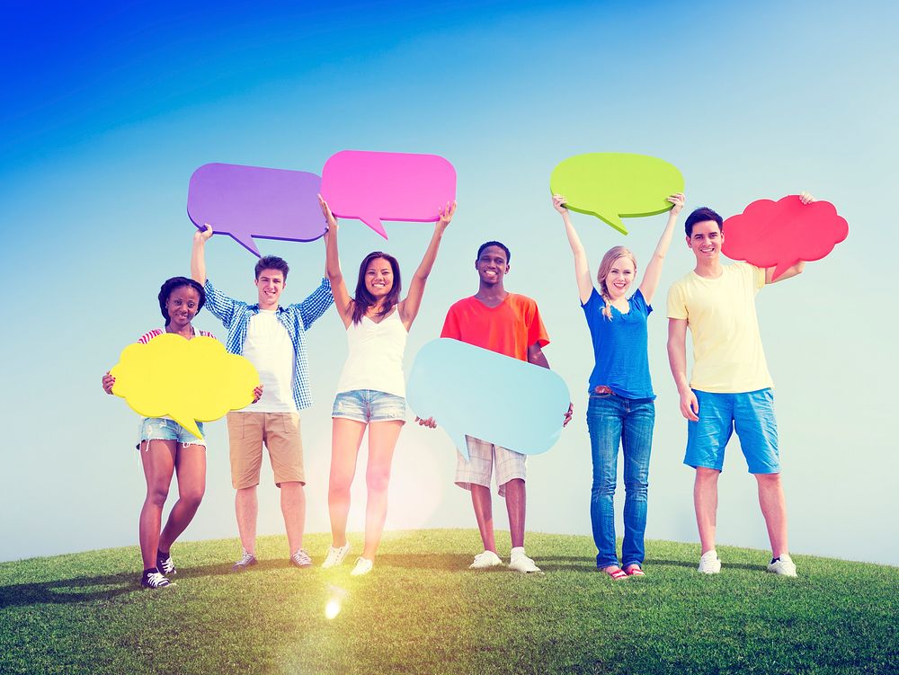 Group Friends Outdoors Speech Bubbles Expression Concept
