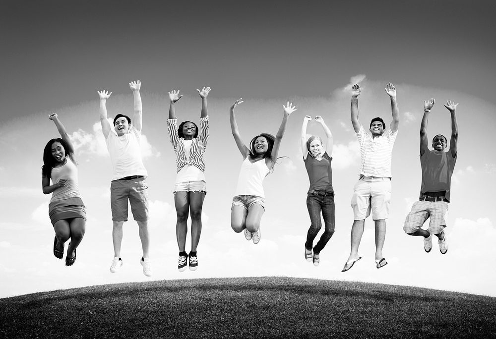 Group Friends Outdoors Celebration Winning Victory Jump Concept