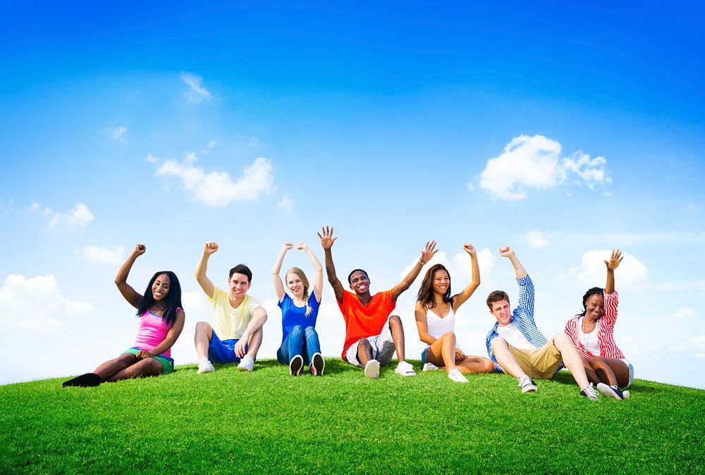 Group Friends Outdoors Celebration Winning Victory Fun Concept