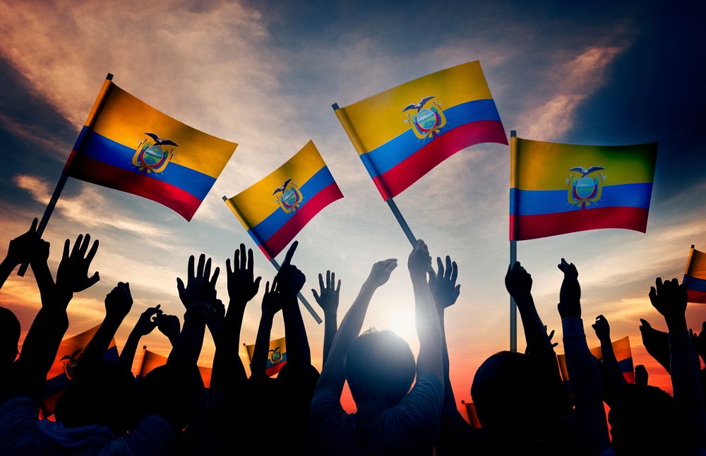 Silhouettes of People Holding Flag of Ecuador