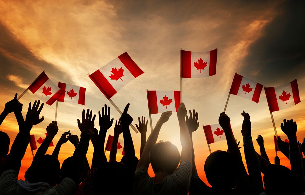 canada flag, canada, canadian flag, crowd arms raised