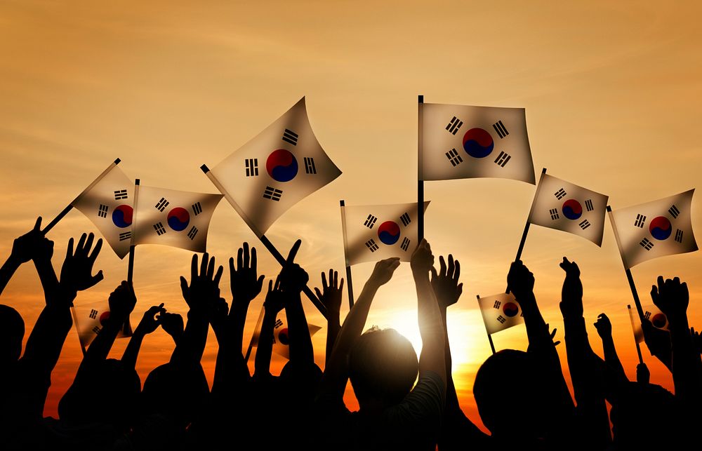 Group of People Waving South Korea Flags in Back Lit