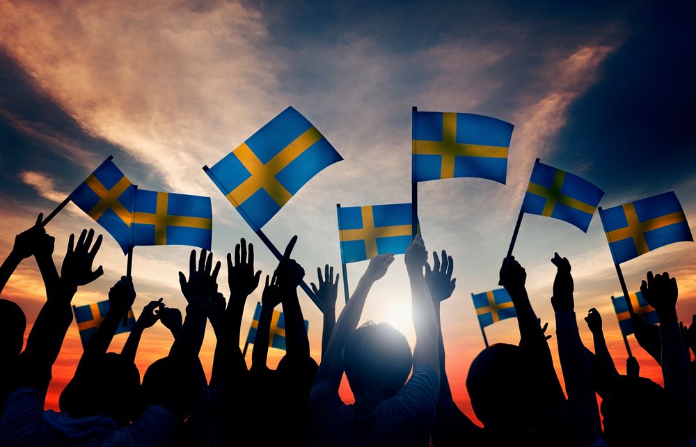 Group of People Waving Swedish Flags in Back Lit