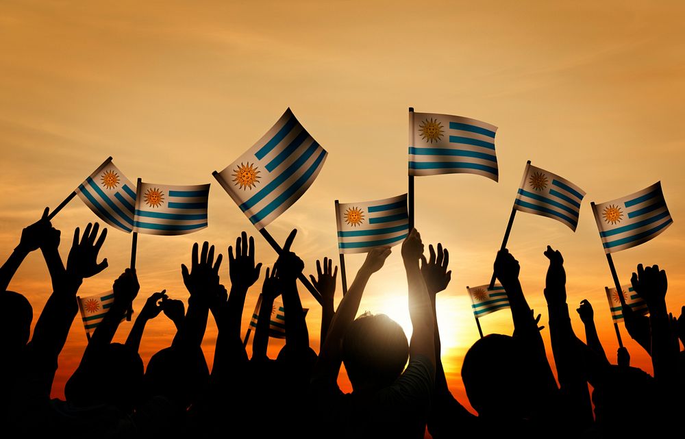 Group of People Waving Uruguayan Flags in Back Lit