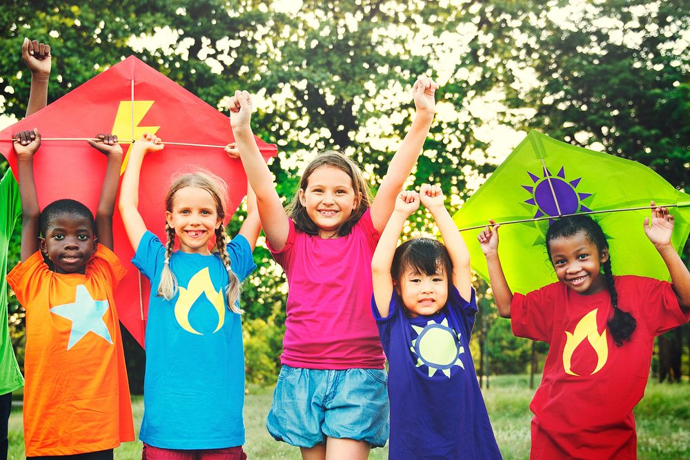 Children Flying Kite Playful Friendship Concept