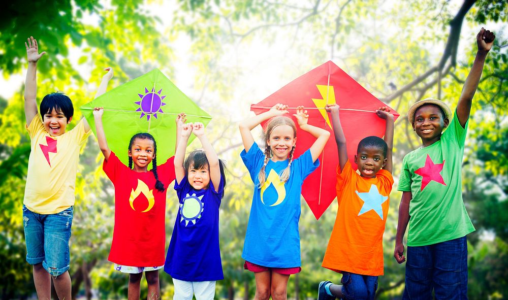 Children Flying Kite Playful Friendship Concept