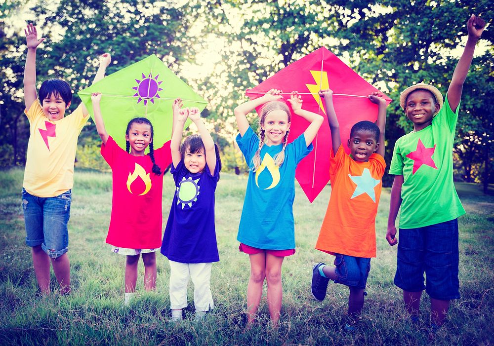 Children Playing Kite Happiness Bonding Friendship Concept