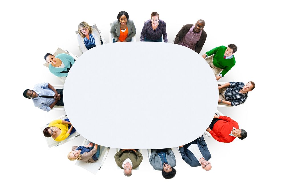 Aerial View Cheerful People Looking Up Conference Table