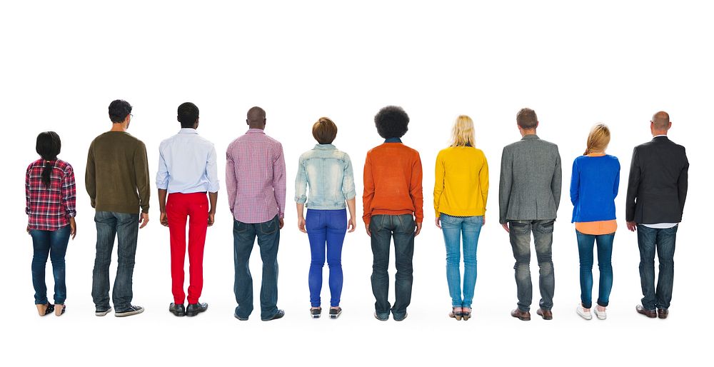 Diverse People In A Row Rear View White Background