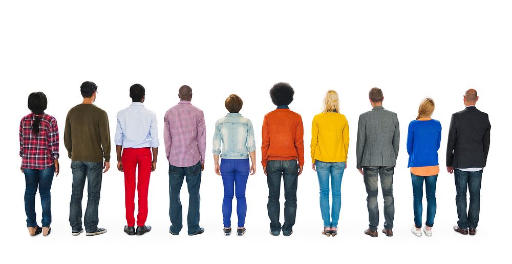 Diverse People In A Row Rear View White Background