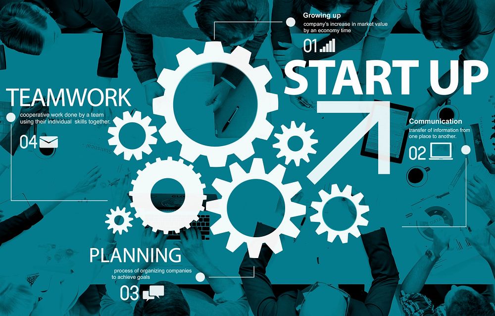 Startup plan with gears illustration on business meetig background