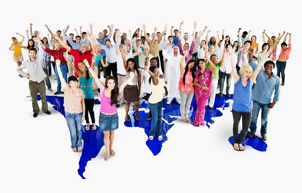 Group of diverse people standing together with arms raised