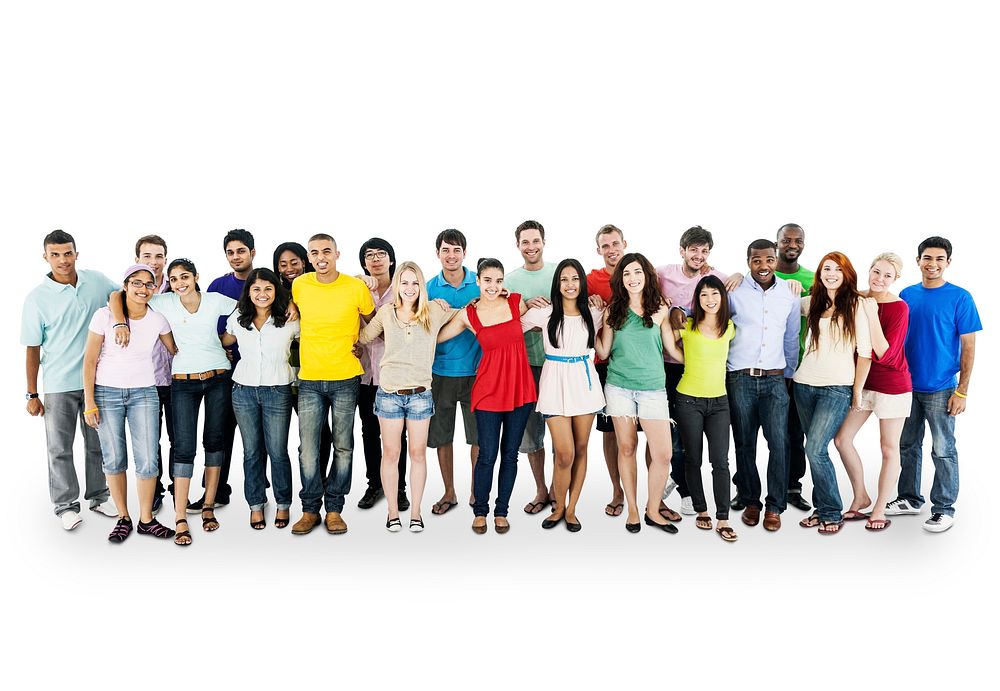 Group of diverse people standing together isolated on white
