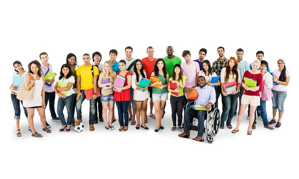 Group of diverse college students isolated on white