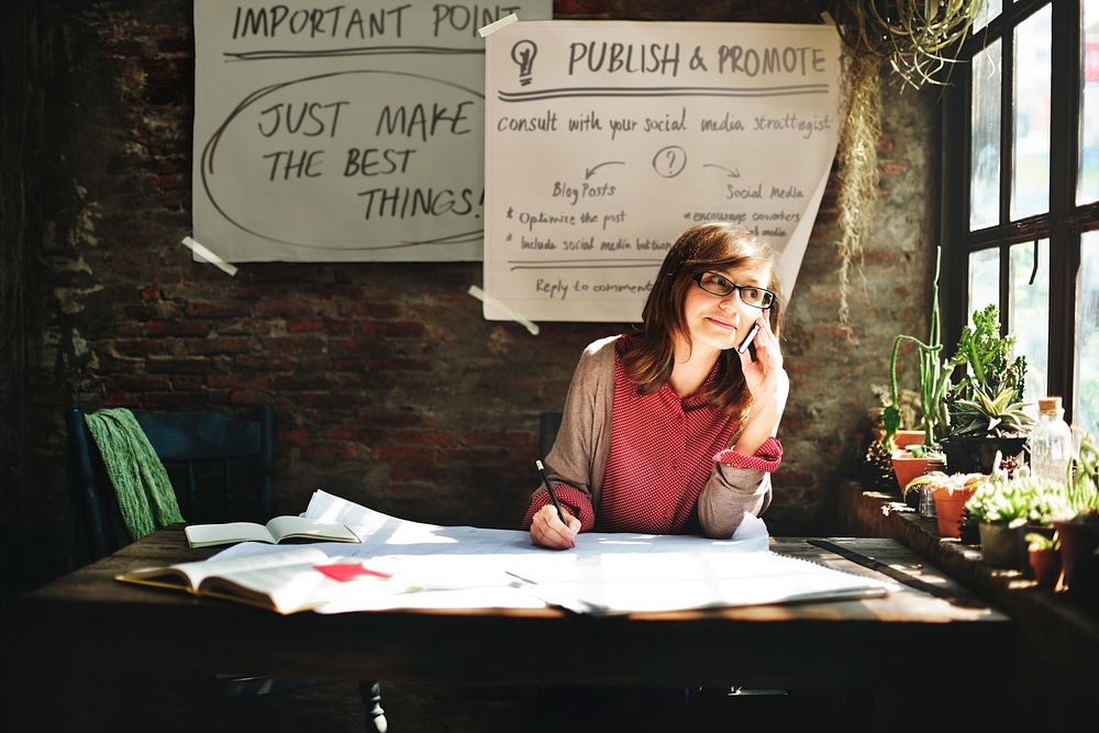 Architecture Woman Working Blue Print Workspace Concept