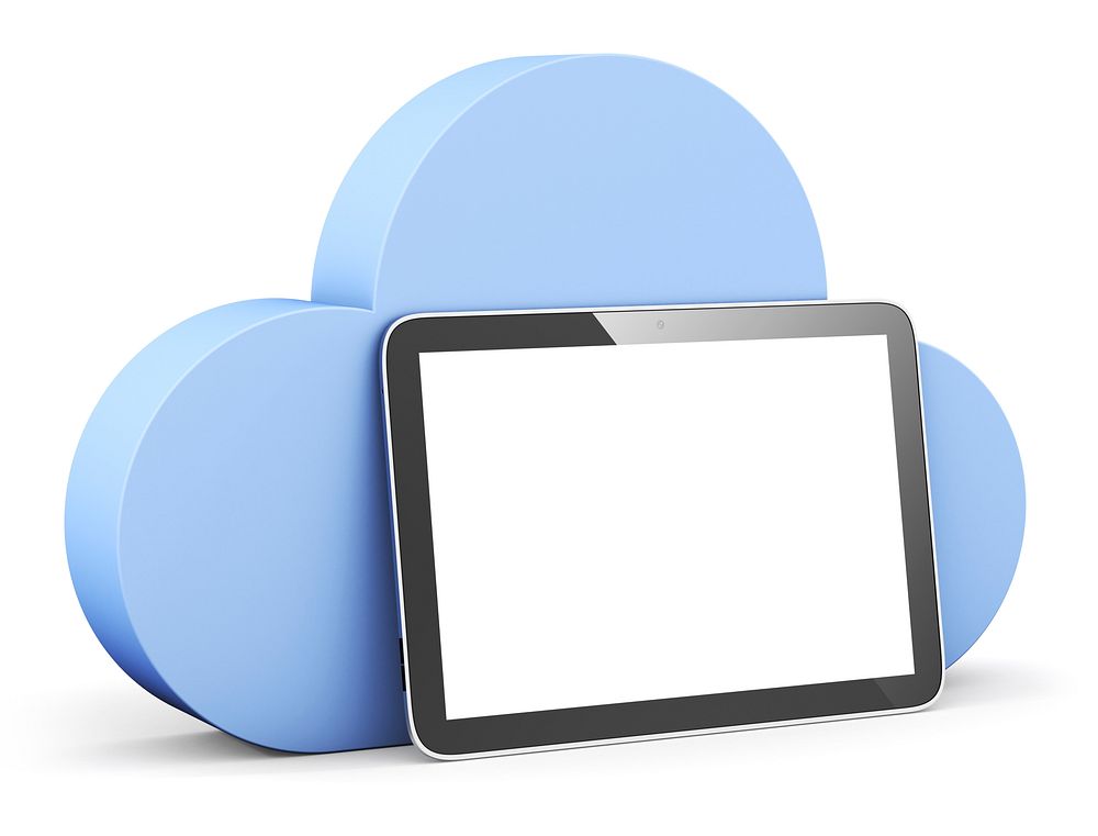 cloud shape speech bubble with tablet.