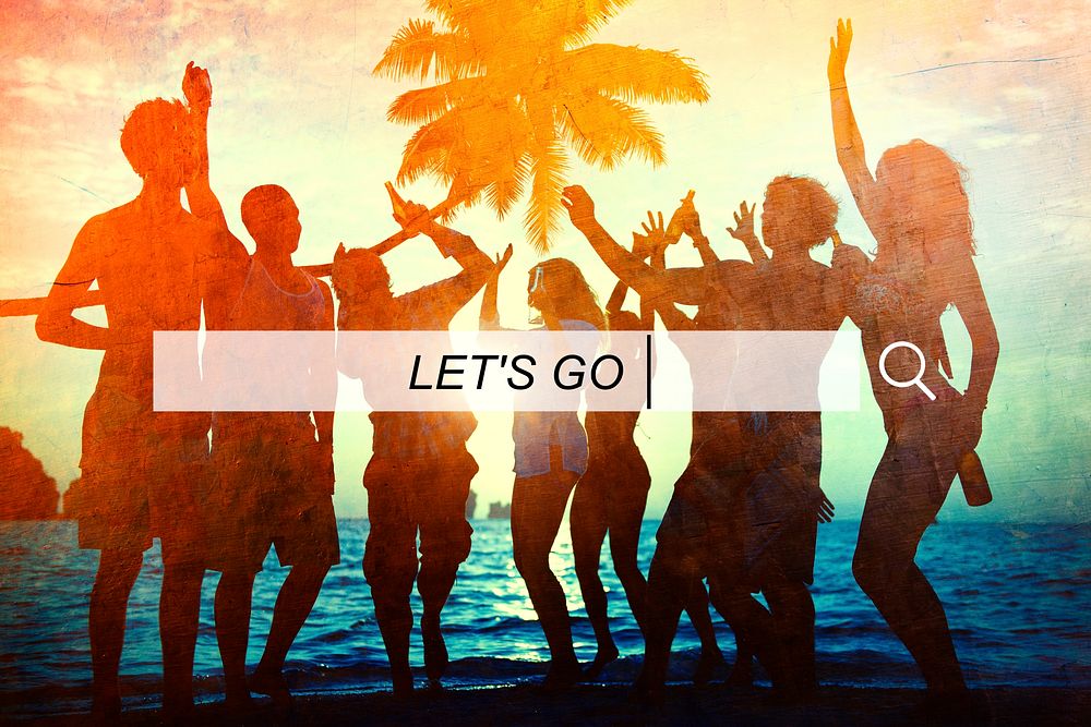 Let's Go text on a search bar beach party people background