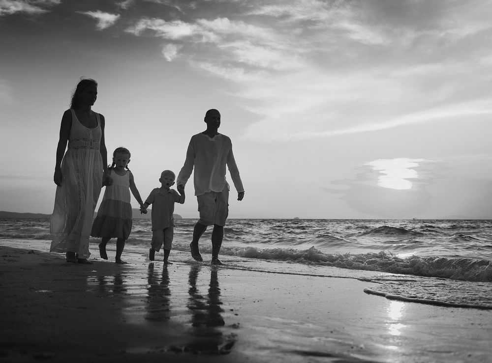 Family Walking Beach Sunset Travel Holiday Concept