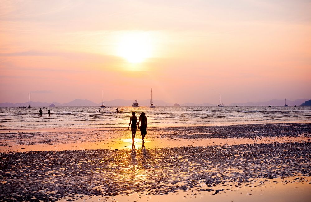 Silhouette of Couple Walking by the Beach
