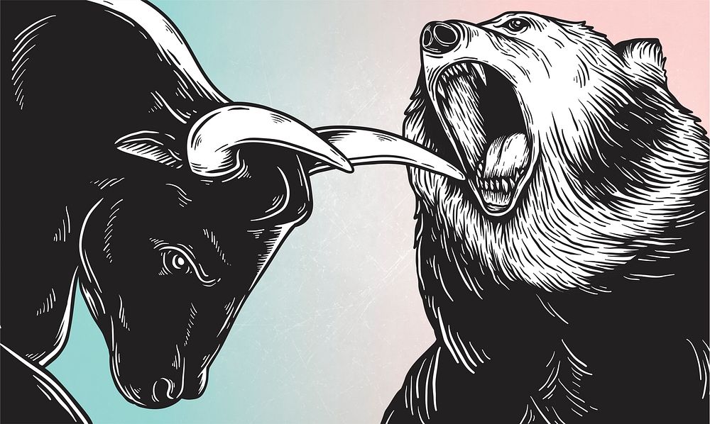A bull and a bear fighting comic style vector