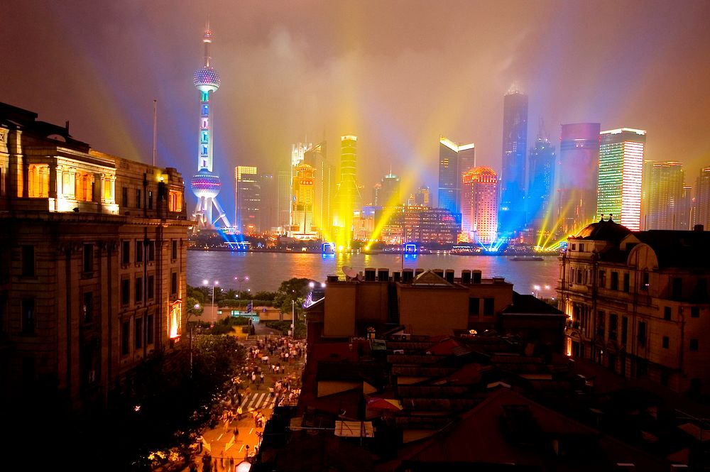 The contrast of the old Bund and very modern Pudong on a rainy national holiday.