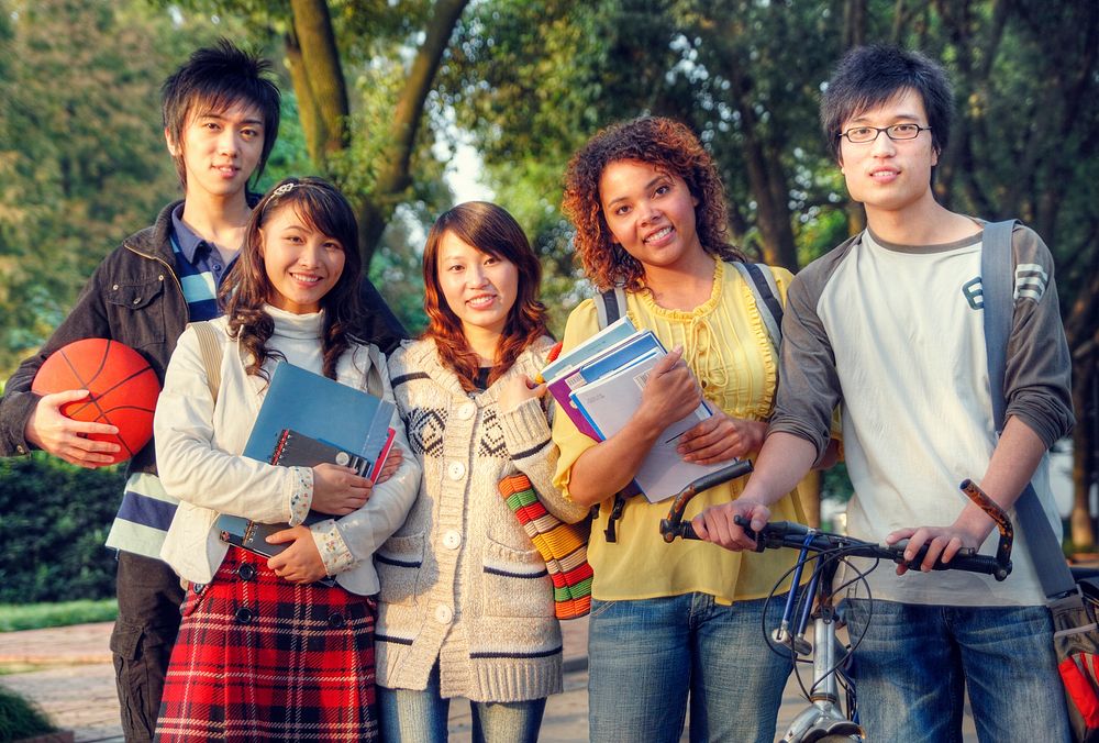 Mixed race students on campus.