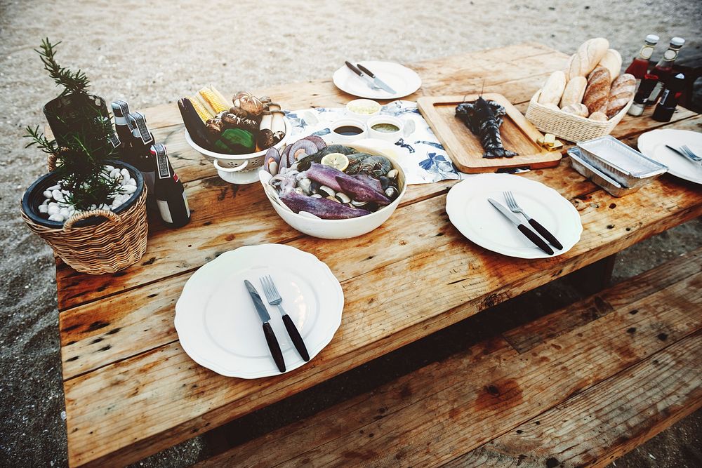 Delicious Sea Food Wooden Table Bench Shore Concept