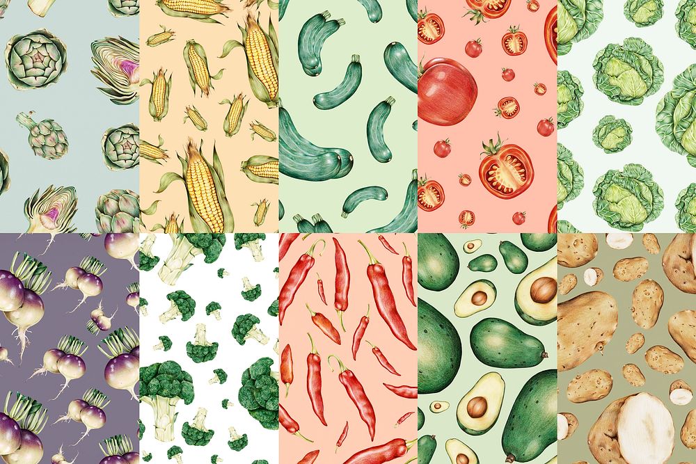 Hand drawn vegetable patterned backgrounds set illustration