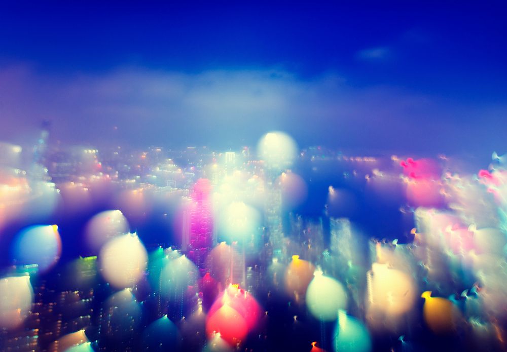 Colorful blurred lights bokeh of city building scenic