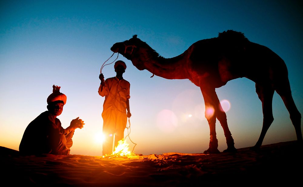 Two Indian men with a camel