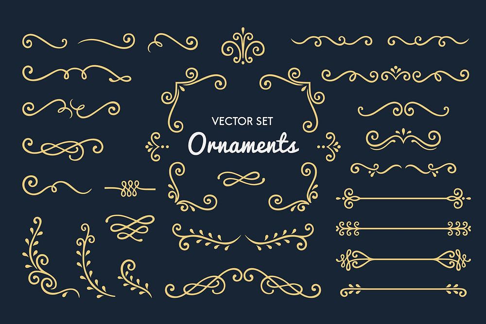 Set Collection of Vintage Ornament Elements on Black Background