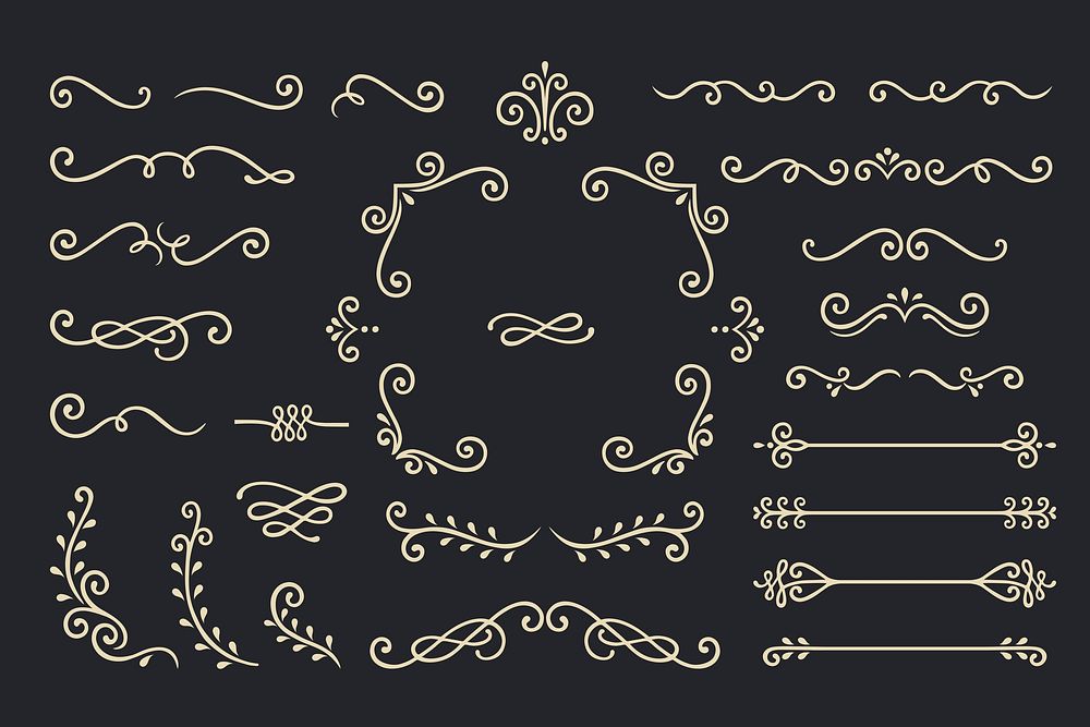 Set Collection of Vintage Ornament Elements on Black Background