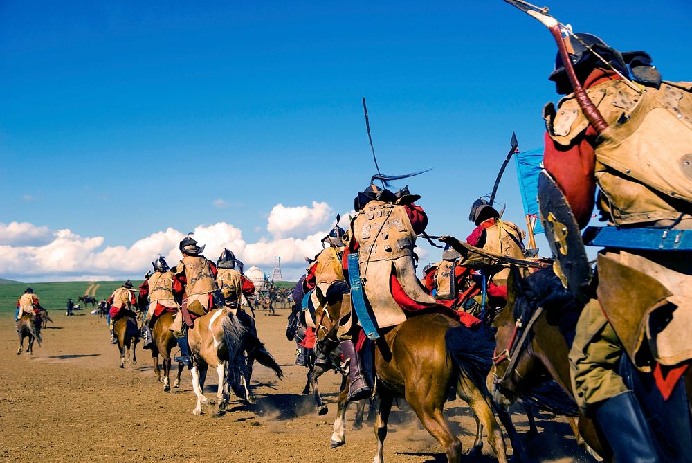 Fully armored soldiers reenacting a historical event in Mongolia