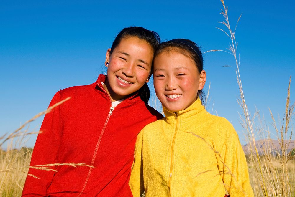 Portrait of Mongolian two sisters with beautiful smiling.