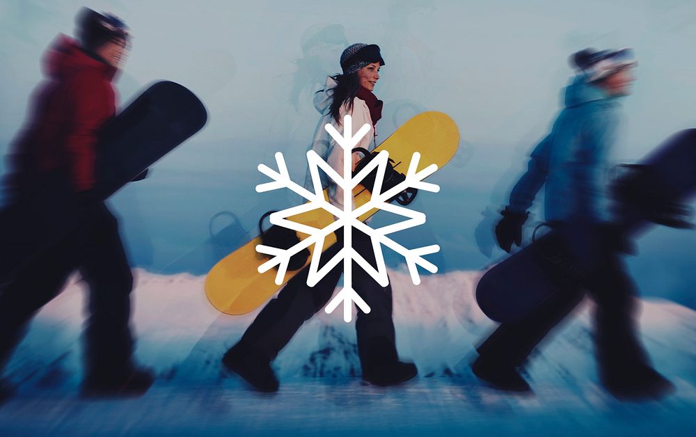 Snowflake illustration shape on group of snowboarders