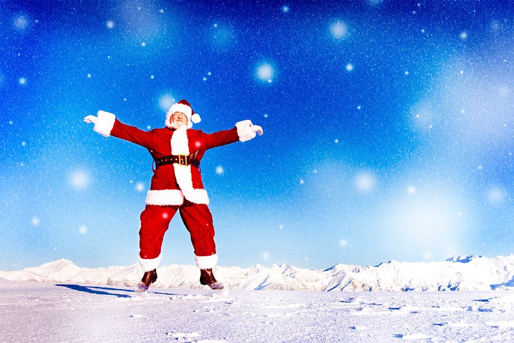 Santa Claus in a Winter Wonderland Jumping Happiness Concept