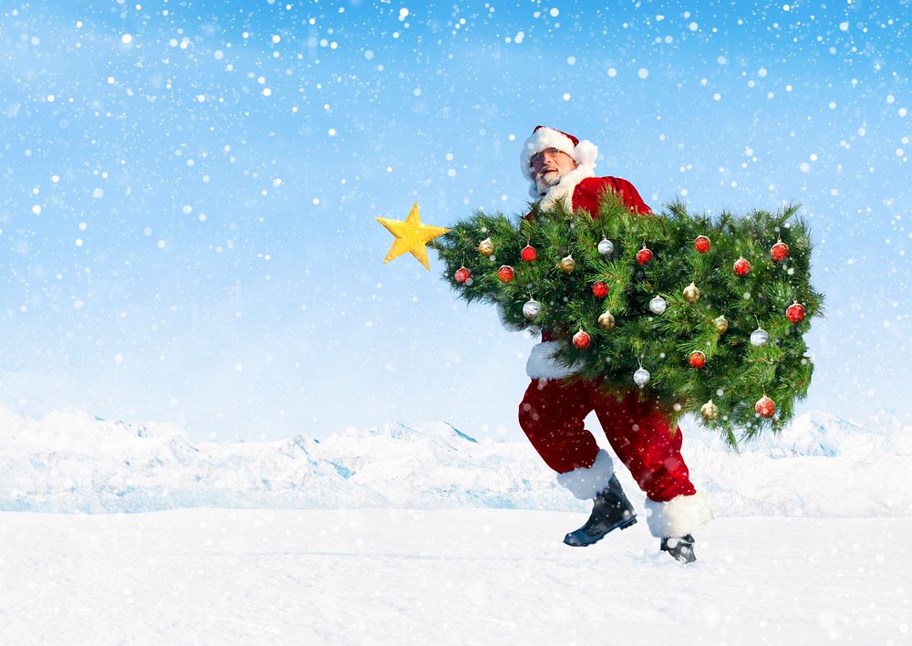 Santa claus carrying christmas tree on snow covered mountain.